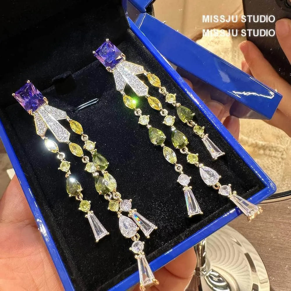 Studded Tassel Drop Rhinestone Gold Earrings