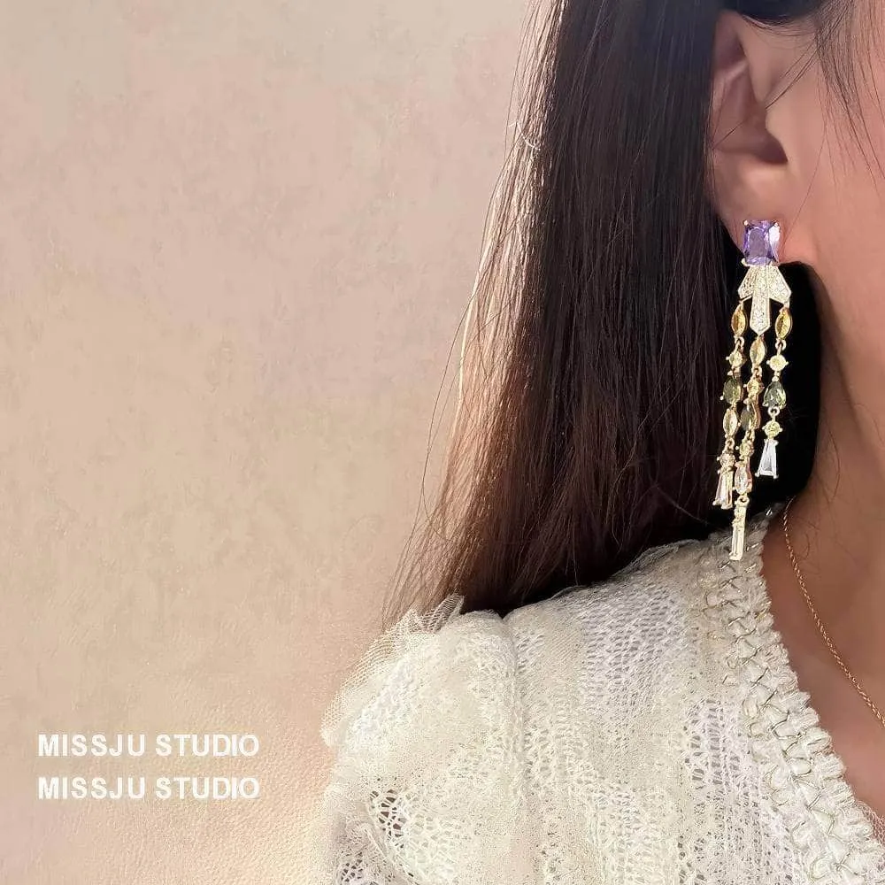 Studded Tassel Drop Rhinestone Gold Earrings