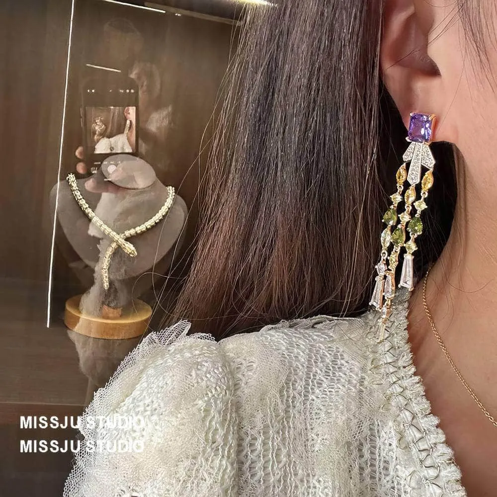 Studded Tassel Drop Rhinestone Gold Earrings