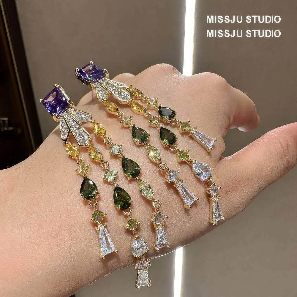 Studded Tassel Drop Rhinestone Gold Earrings