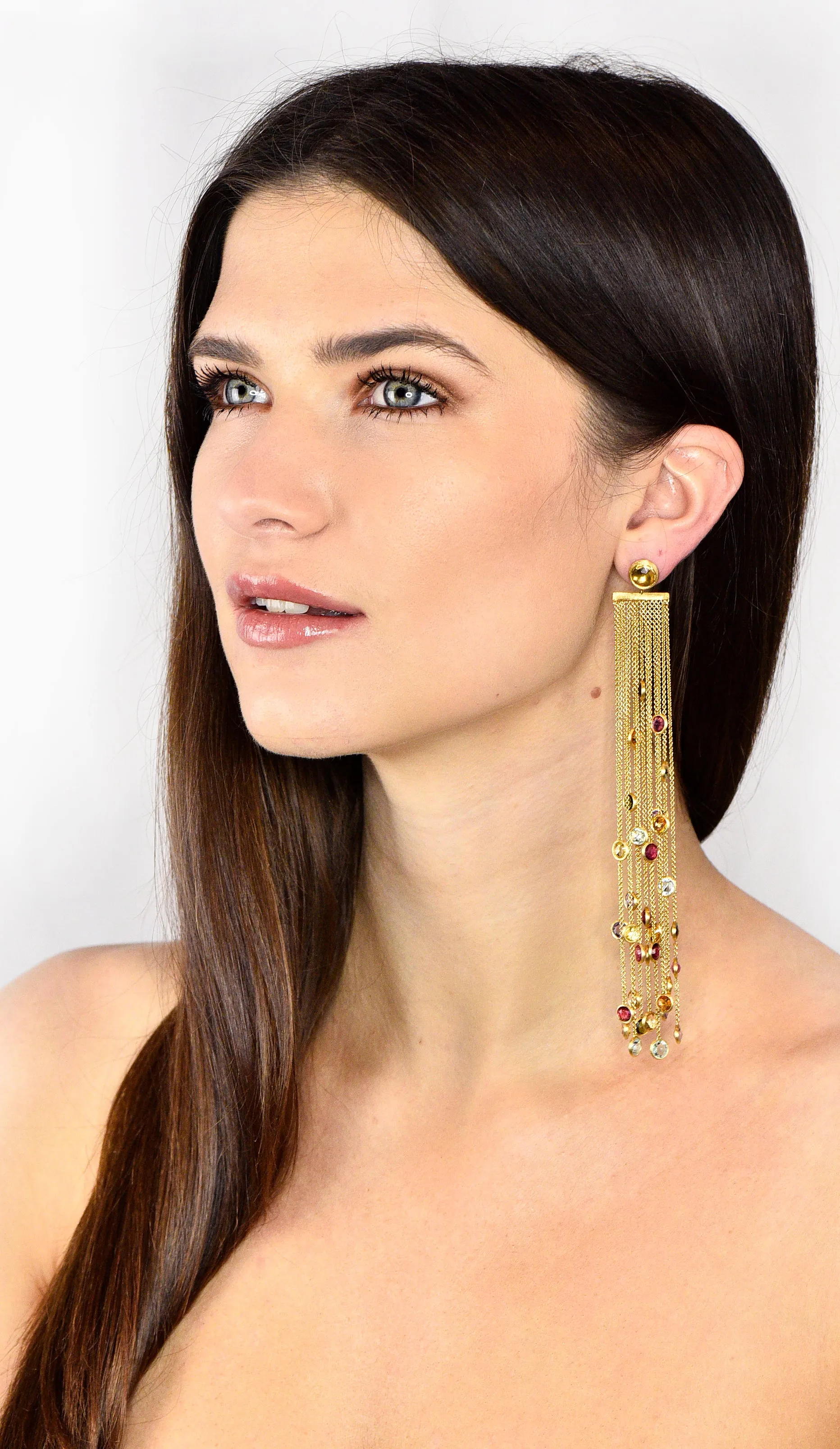 Substantial Marco Bicego Italian Multi-Gem 18 Karat Gold Jaipur Tassel Drop Earrings