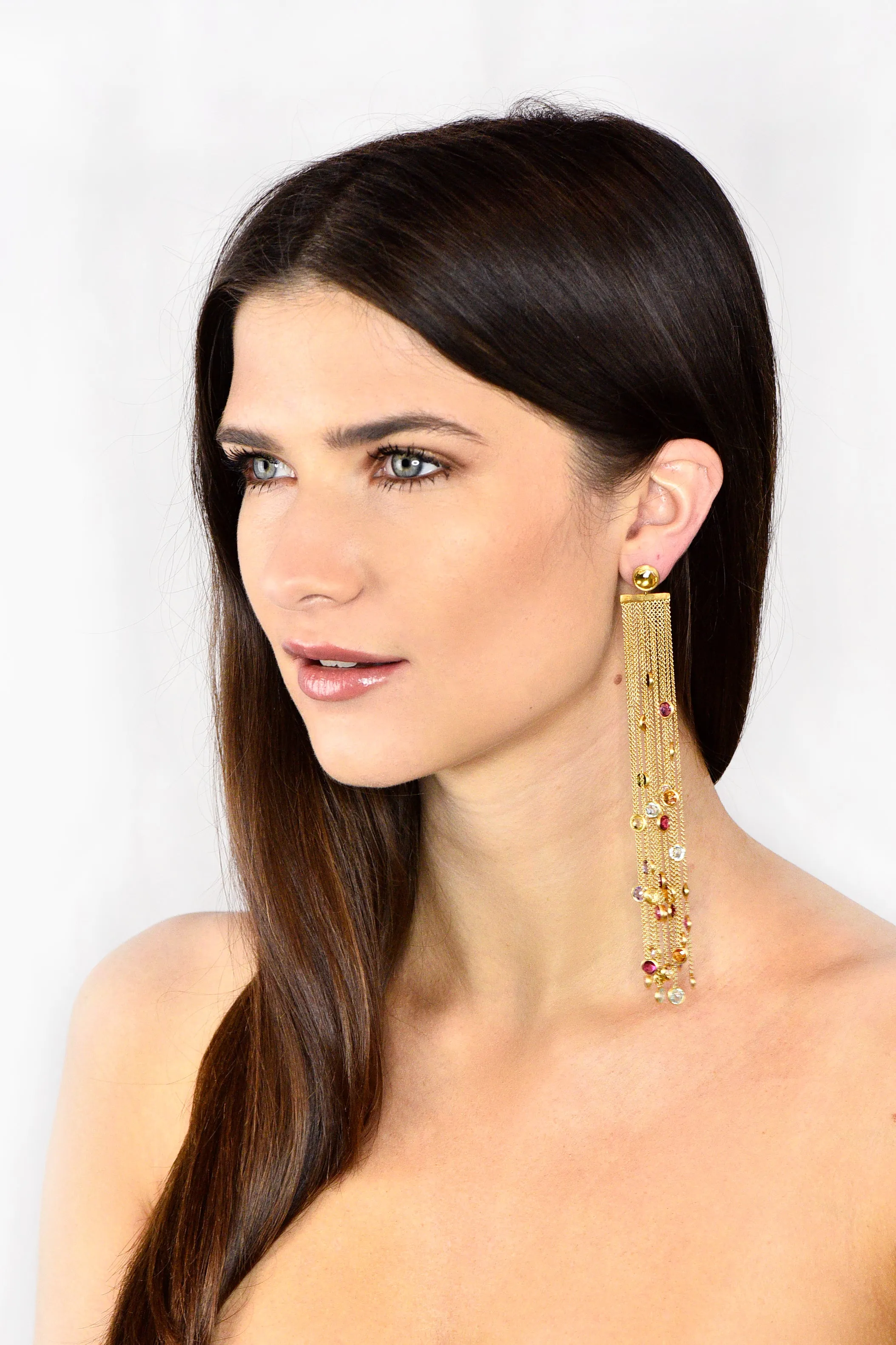 Substantial Marco Bicego Italian Multi-Gem 18 Karat Gold Jaipur Tassel Drop Earrings
