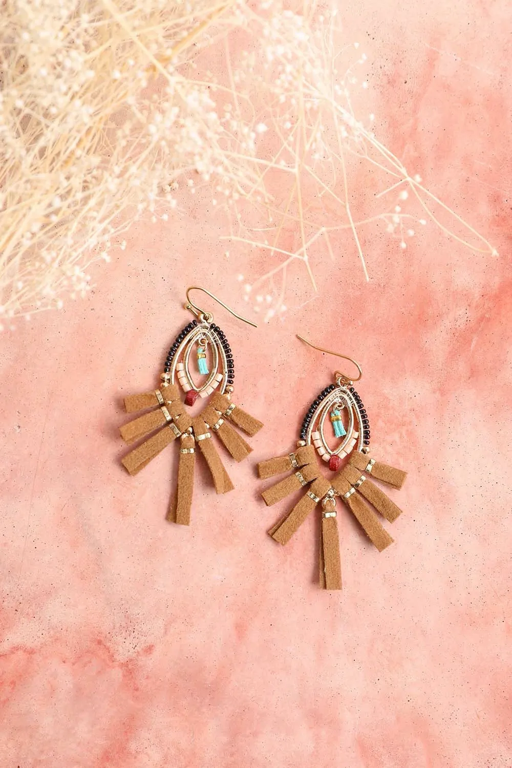 Suede Fringe Beaded Earrings.