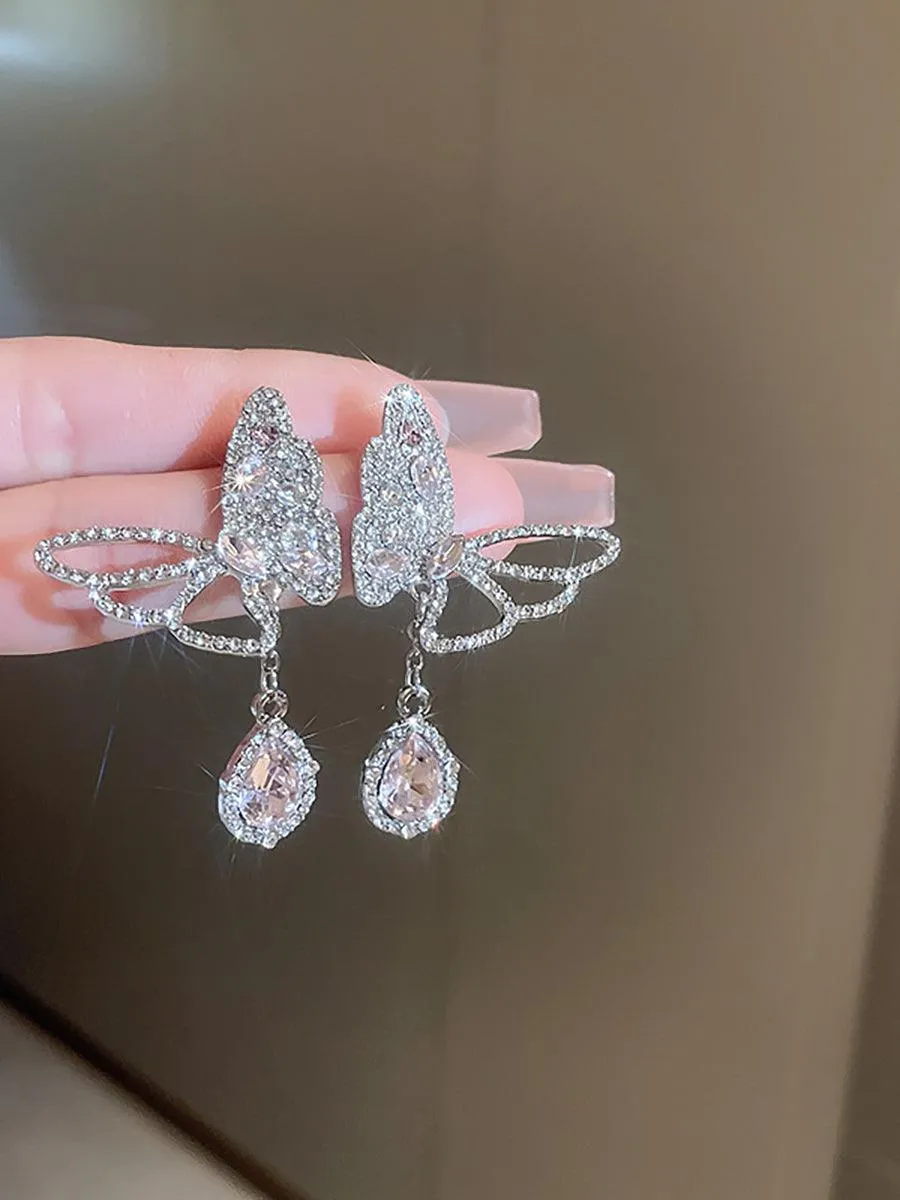 Sweet Hollow Butterfly Water Drop Tassel Silver Needle Earrings MSE20017