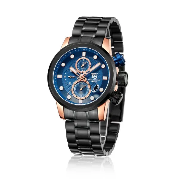 T5 Black Stainless Steel Blue Dial Chronograph Quartz Watch for Gents - H3587G-F
