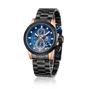 T5 Black Stainless Steel Blue Dial Chronograph Quartz Watch for Gents - H3587G-F
