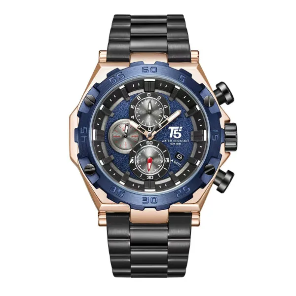 T5 Black Stainless Steel Blue Dial Chronograph Quartz Watch for Gents - H3847G-E