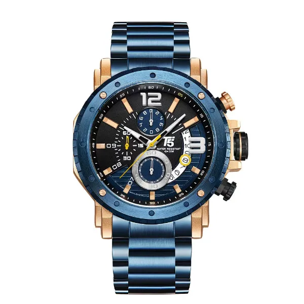 T5 Blue Stainless Steel Blue Dial Chronograph Quartz Watch for Gents - H3746G-E