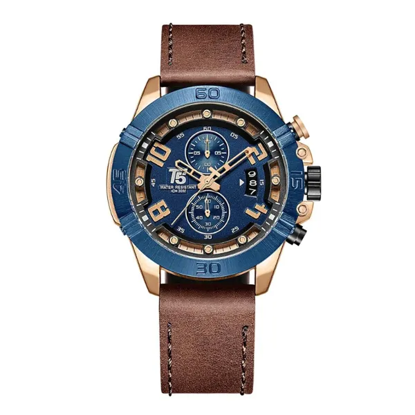 T5 Brown Leather Strap Blue Dial Chronograph Quartz Watch for Gents - H3637G-J