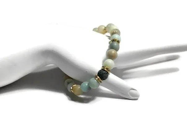 THE GREEN AMAZON RIVER DIFFUSER BRACELET, green lava rock bead with amazonite stones, stretch bracelet, woman's size, boho-chic style, gift for her