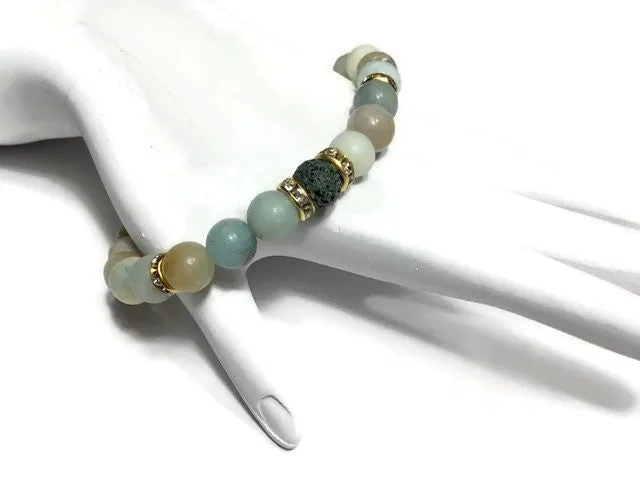THE GREEN AMAZON RIVER DIFFUSER BRACELET, green lava rock bead with amazonite stones, stretch bracelet, woman's size, boho-chic style, gift for her