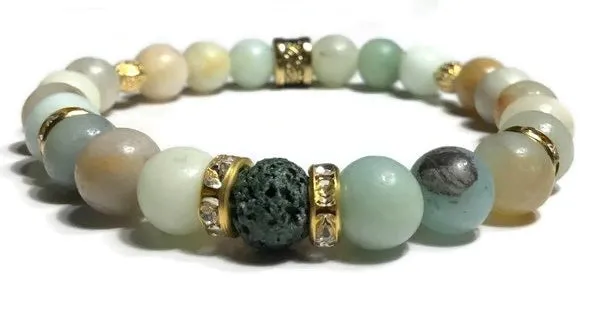 THE GREEN AMAZON RIVER DIFFUSER BRACELET, green lava rock bead with amazonite stones, stretch bracelet, woman's size, boho-chic style, gift for her