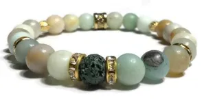 THE GREEN AMAZON RIVER DIFFUSER BRACELET, green lava rock bead with amazonite stones, stretch bracelet, woman's size, boho-chic style, gift for her