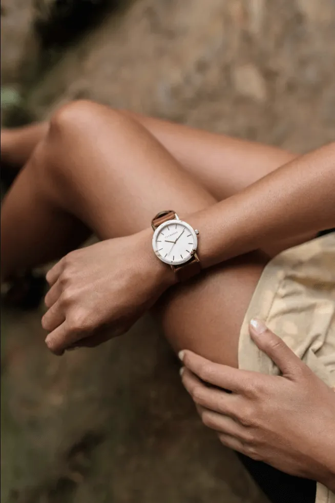 THE HORSE MINI RESIN WATCH - NOUGAT SHELL/WHITE DIAL/TAN LEATHER