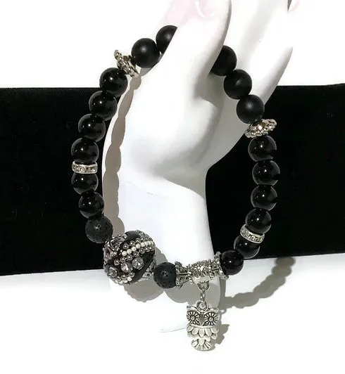 THE OWL DIFFUSER BRACELET, woman size, black lava rock, onyx agate stones, essential oil diffuser bracelet, black lava rock,
