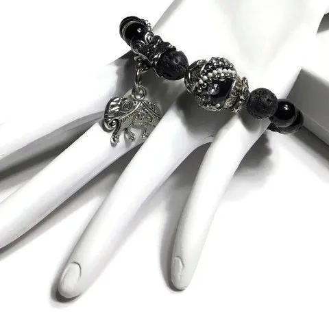 THE SILVER ELEPHANT DIFFUSER BRACELET, handmade stretch bracelet, black lava rock with black bright agate natural stones, essential oil diffuser bracelet, gift for her, woman's size