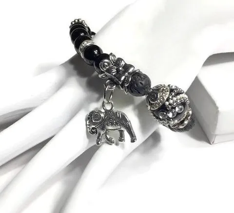THE SILVER ELEPHANT DIFFUSER BRACELET, handmade stretch bracelet, black lava rock with black bright agate natural stones, essential oil diffuser bracelet, gift for her, woman's size