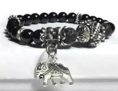 THE SILVER ELEPHANT DIFFUSER BRACELET, handmade stretch bracelet, black lava rock with black bright agate natural stones, essential oil diffuser bracelet, gift for her, woman's size