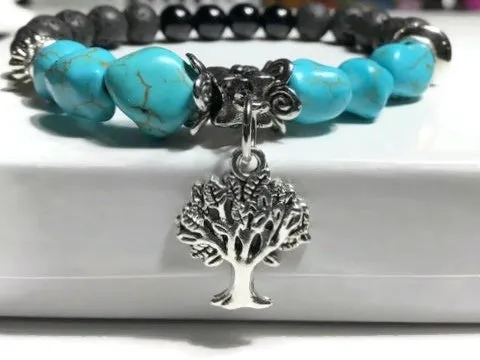 THE TURQUOISE TREE OF LIFE DIFFUSER BRACELET, turquoise and black bright agate stones, essential oil diffuser bracelet, stretch bracelet, woman's size