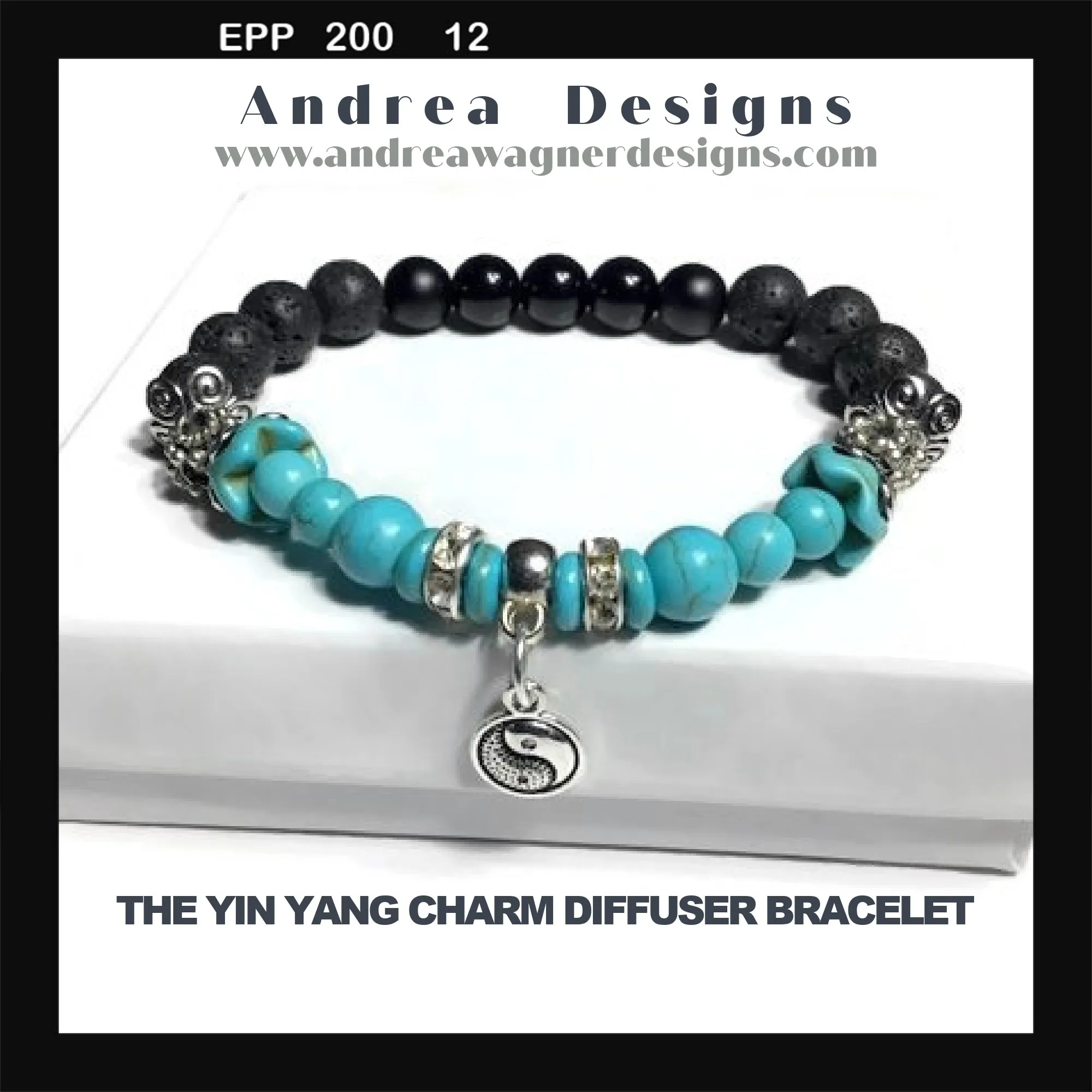 THE YIN YANG CHARM DIFFUSER BRACELET, black lava rock stones, turquoise stones, black bright agate stones, essential oil diffuser bracelet, stretch bracelet, woman's size, gift for her.