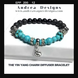 THE YIN YANG CHARM DIFFUSER BRACELET, black lava rock stones, turquoise stones, black bright agate stones, essential oil diffuser bracelet, stretch bracelet, woman's size, gift for her.