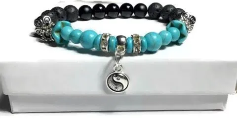 THE YIN YANG CHARM DIFFUSER BRACELET, black lava rock stones, turquoise stones, black bright agate stones, essential oil diffuser bracelet, stretch bracelet, woman's size, gift for her.