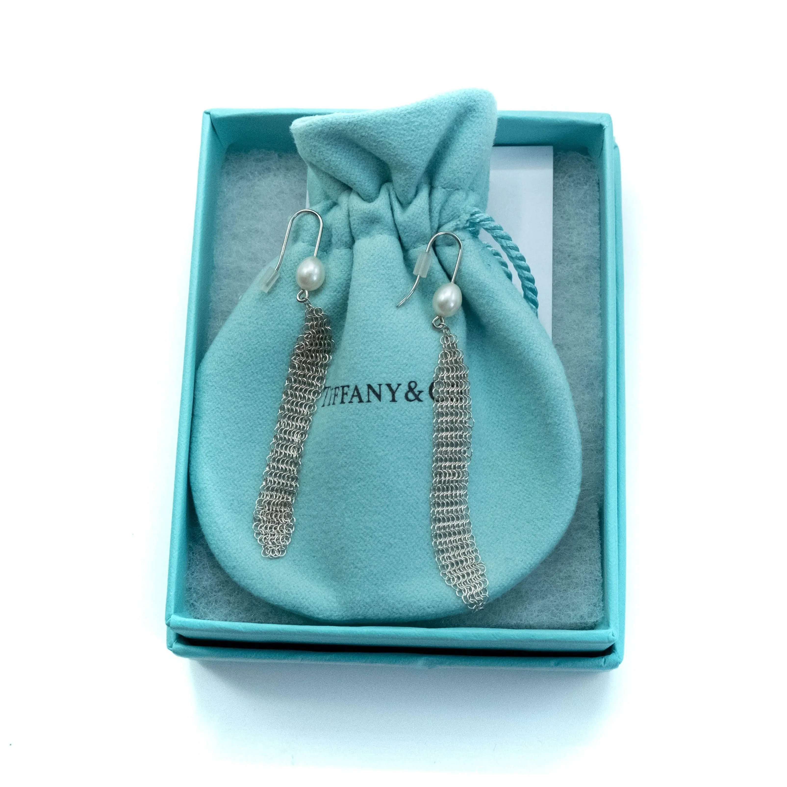 Tiffany & Co Elsa Peretti Mesh Tassel Drop Earrings in Sterling Silver with Freshwater Pearls