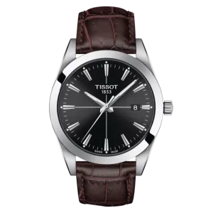 Tissot Gentleman Brown Leather Strap Black Dial Quartz Watch for Gents - T127.410.16.051.01