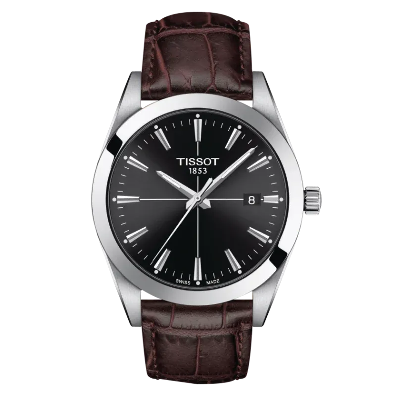 Tissot Gentleman Brown Leather Strap Black Dial Quartz Watch for Gents - T127.410.16.051.01