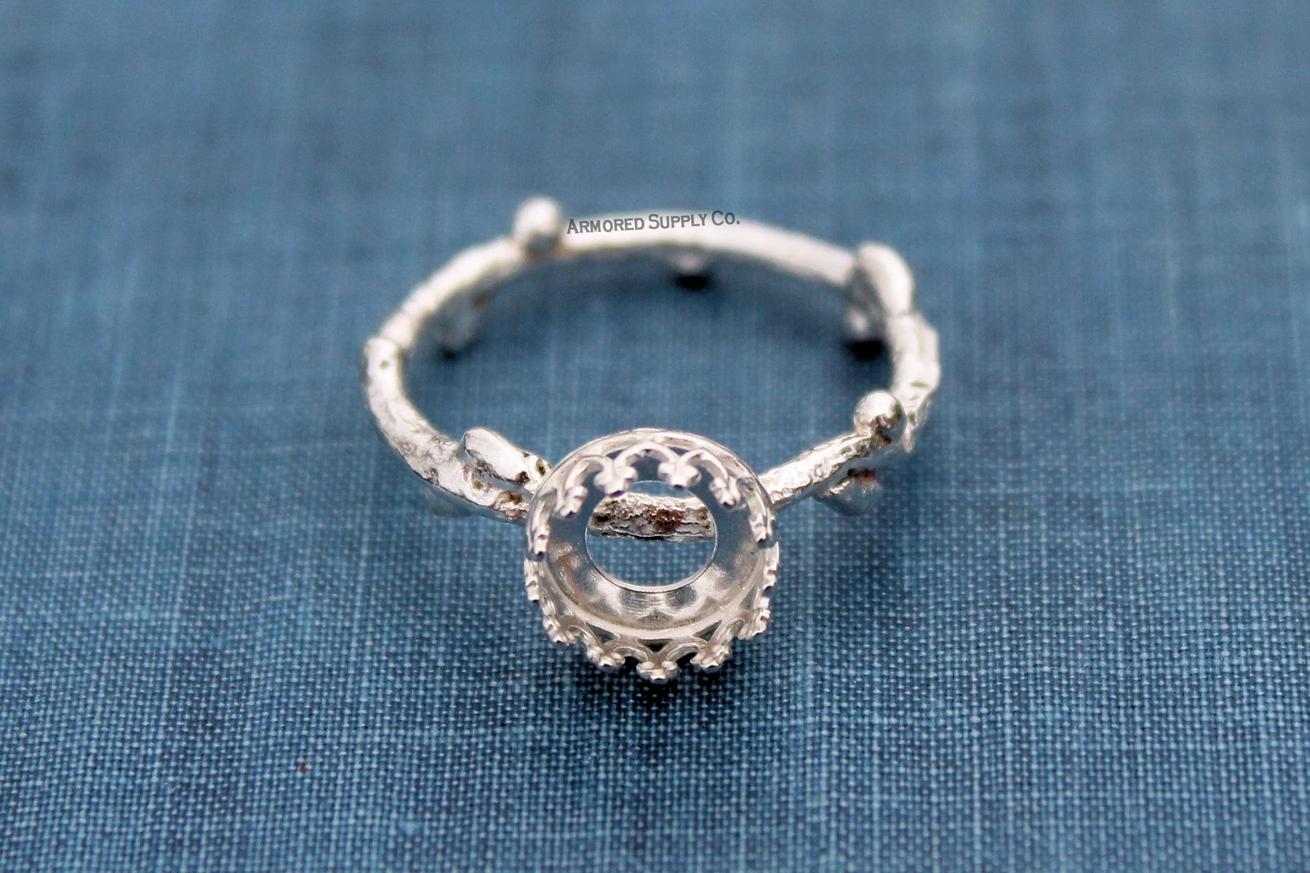 Tree Branch Twig Ring Band Crown Round Bezel Ring blank Silver