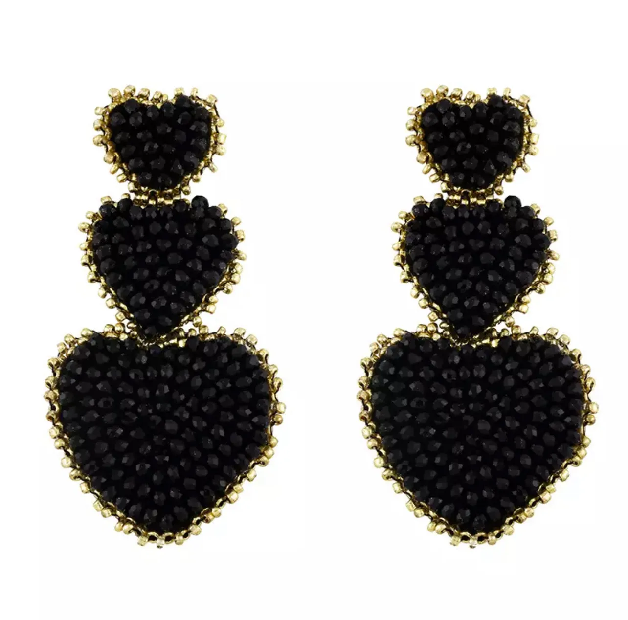 Tri-Heart Glass Beaded with Gold Border Statement Earrings 230-9 | Erika Williner Designs