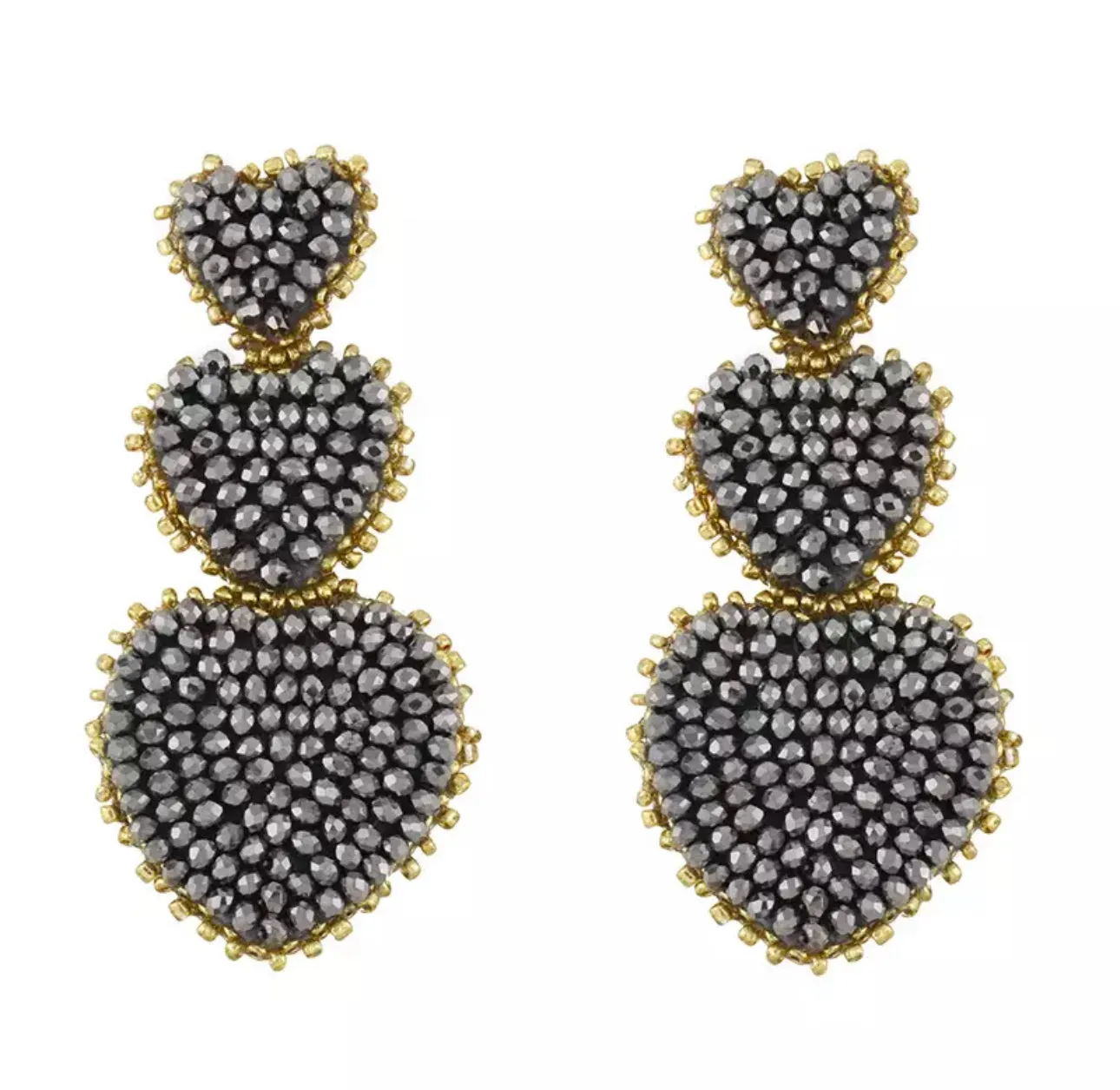 Tri-Heart Glass Beaded with Gold Border Statement Earrings 230-9 | Erika Williner Designs