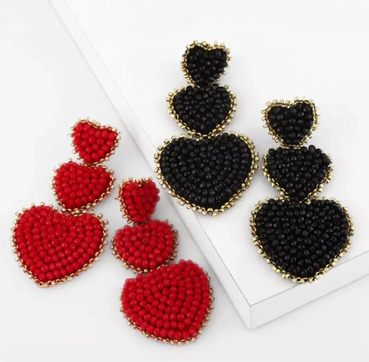 Tri-Heart Glass Beaded with Gold Border Statement Earrings 230-9 | Erika Williner Designs