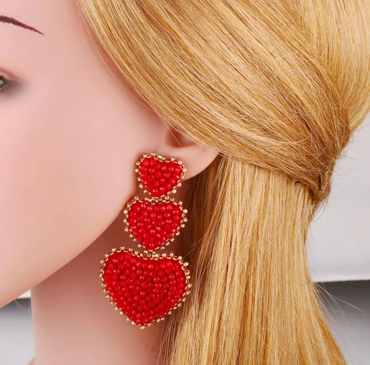 Tri-Heart Glass Beaded with Gold Border Statement Earrings 230-9 | Erika Williner Designs