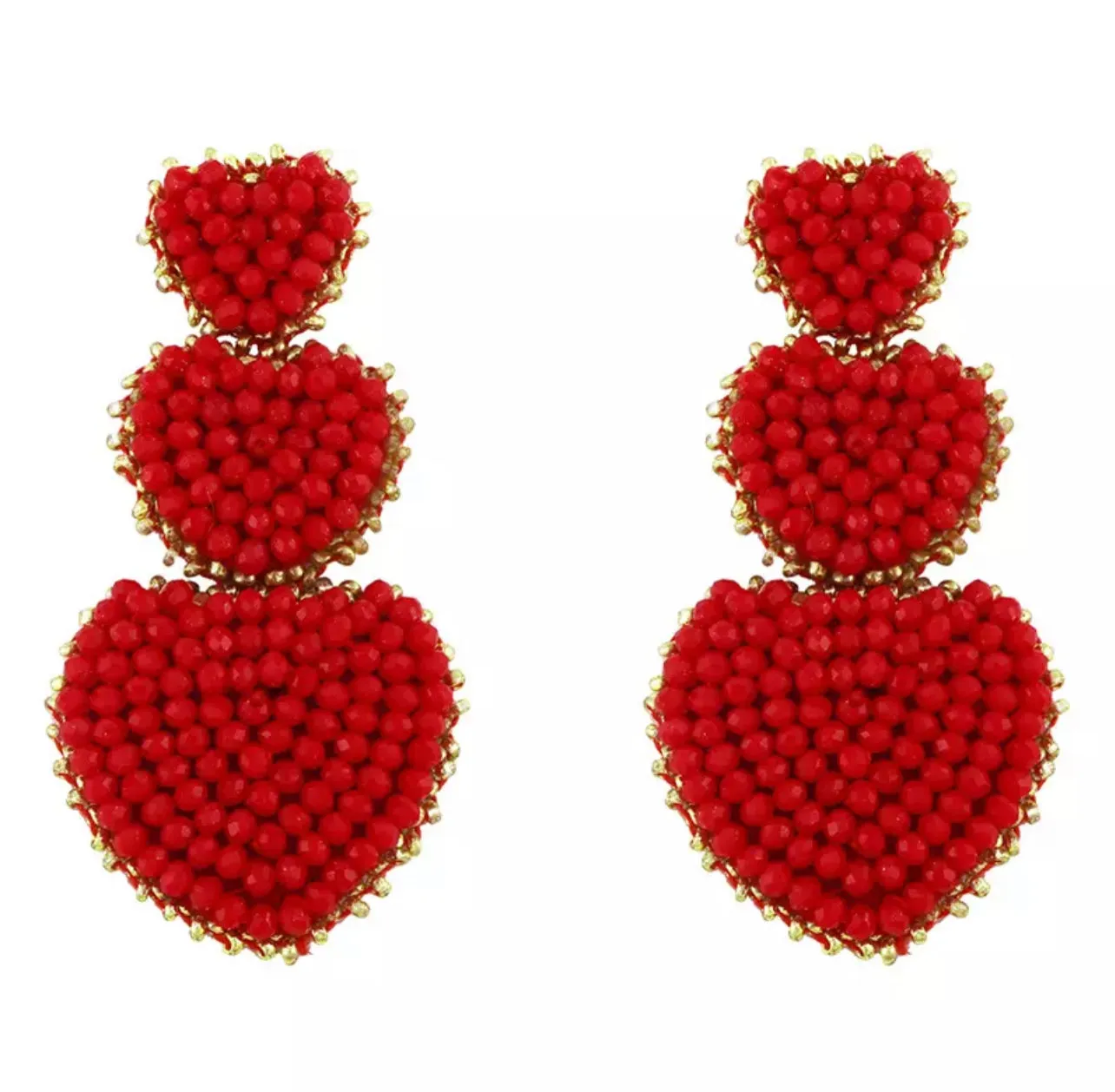 Tri-Heart Glass Beaded with Gold Border Statement Earrings 230-9 | Erika Williner Designs