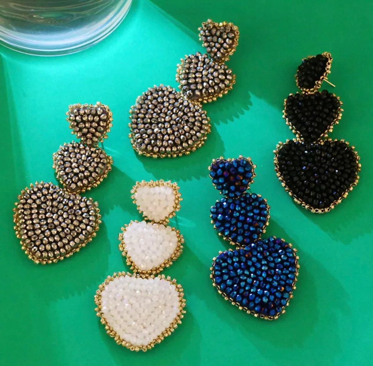 Tri-Heart Glass Beaded with Gold Border Statement Earrings 230-9 | Erika Williner Designs