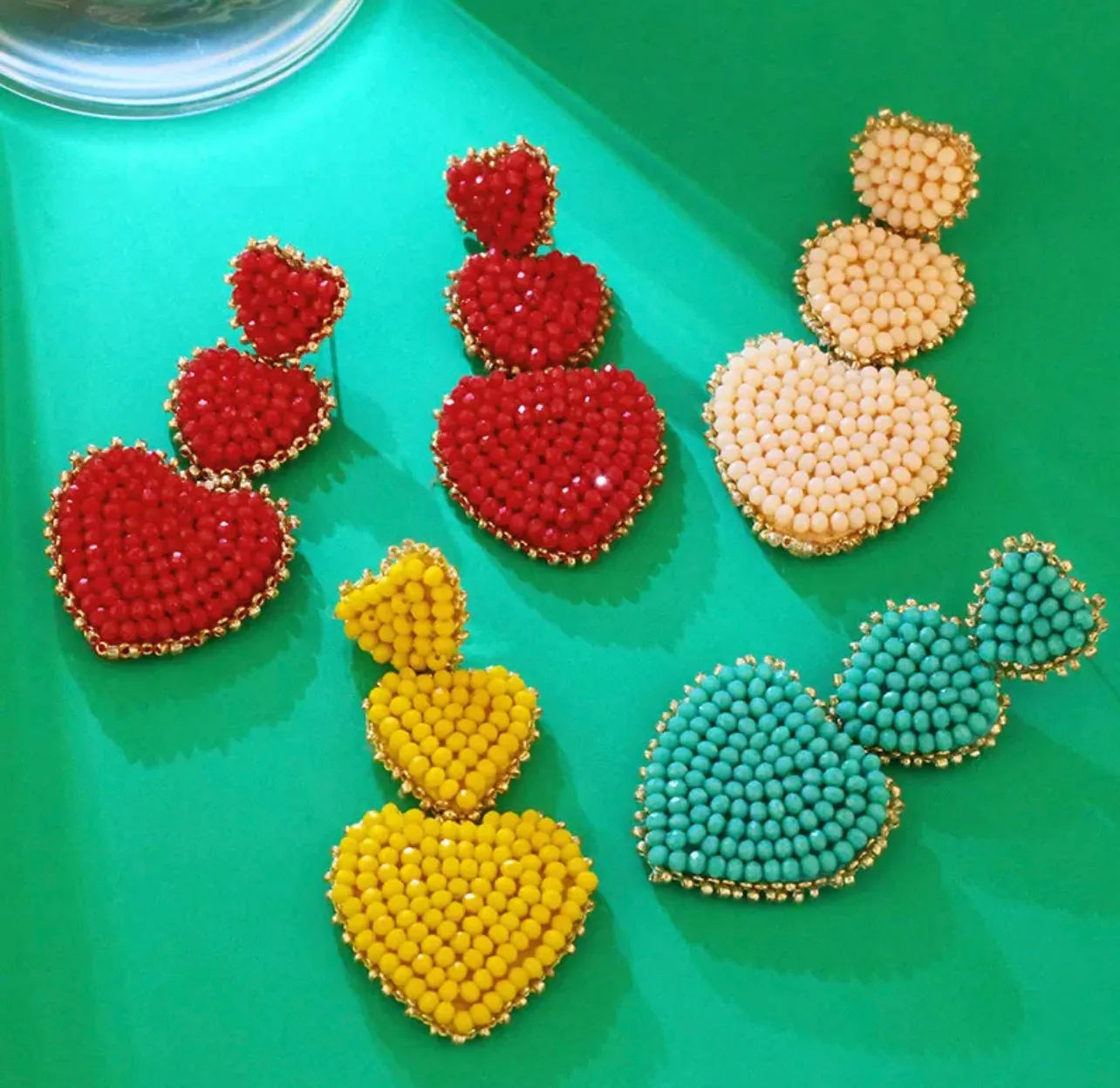 Tri-Heart Glass Beaded with Gold Border Statement Earrings 230-9 | Erika Williner Designs