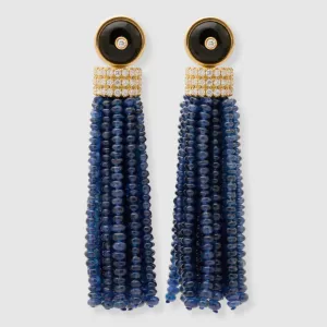 Triple Diamond Tassel Blue Sapphire Earrings with Onyx Diamond Studs, 18K Yellow Gold