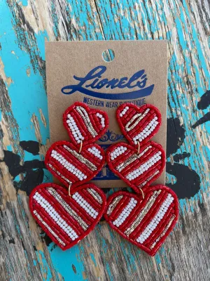 Triple Heart Beaded Earrings/Red/White/Silver