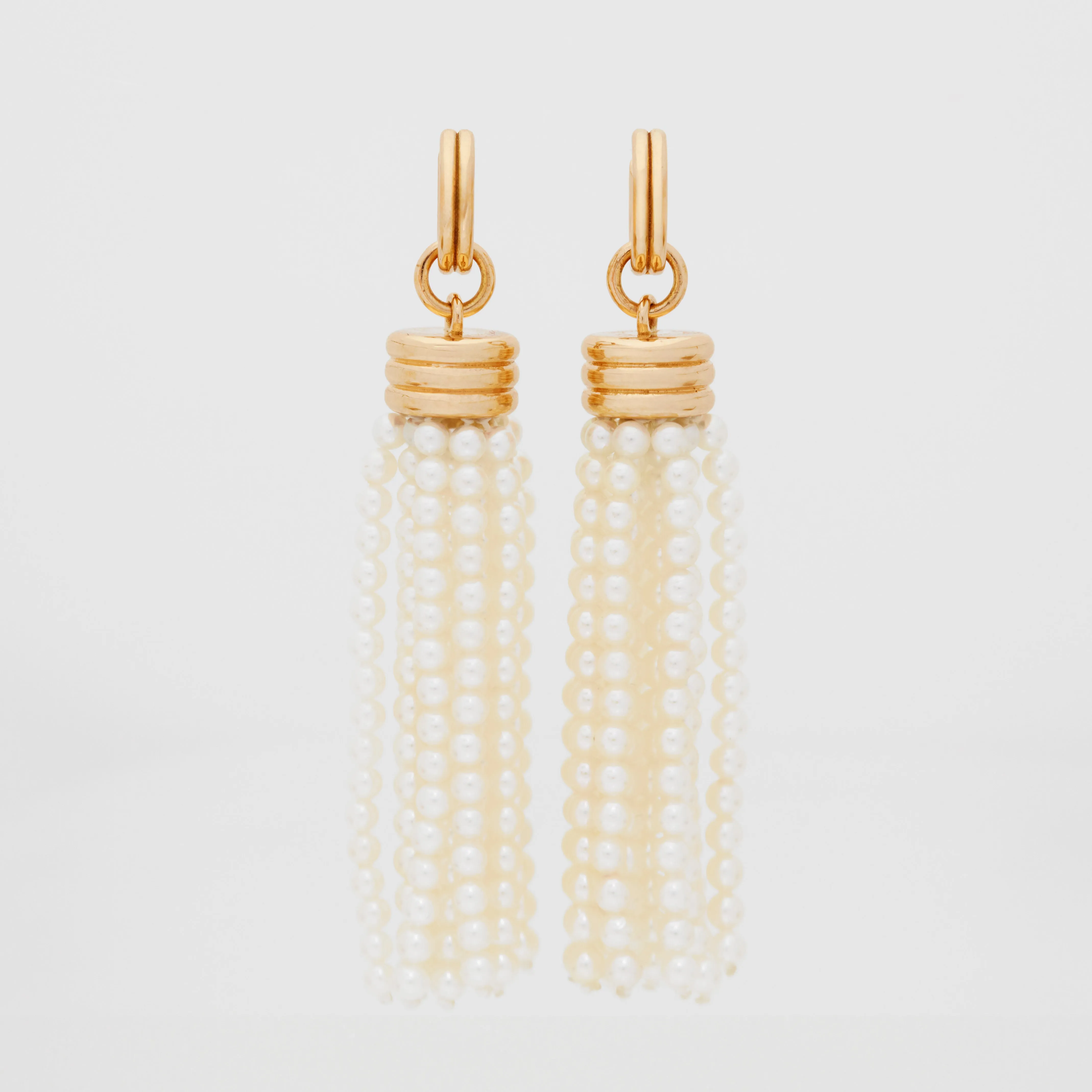 Triple Tassel Akoya Pearl Earrings with Double Link Huggies, 18k Yellow Gold