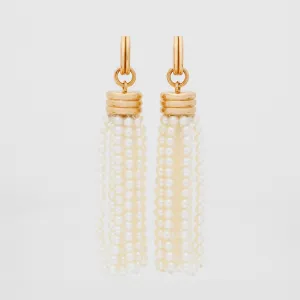 Triple Tassel Akoya Pearl Earrings with Double Link Huggies, 18k Yellow Gold
