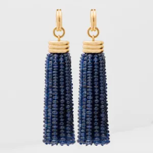 Triple Tassel Blue Sapphire Rondelles Earrings with Double Huggies, 18K Yellow Gold