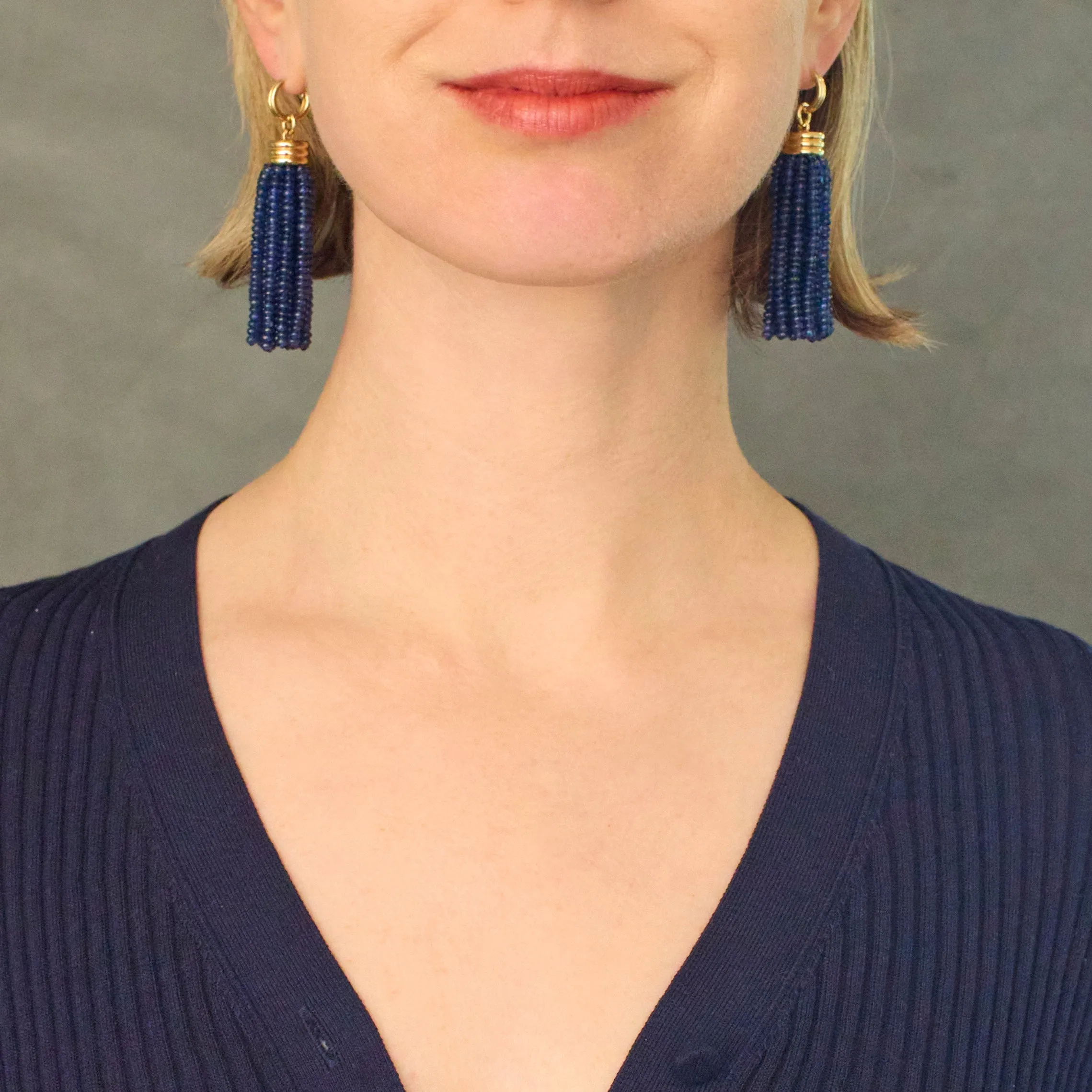 Triple Tassel Blue Sapphire Rondelles Earrings with Double Huggies, 18K Yellow Gold