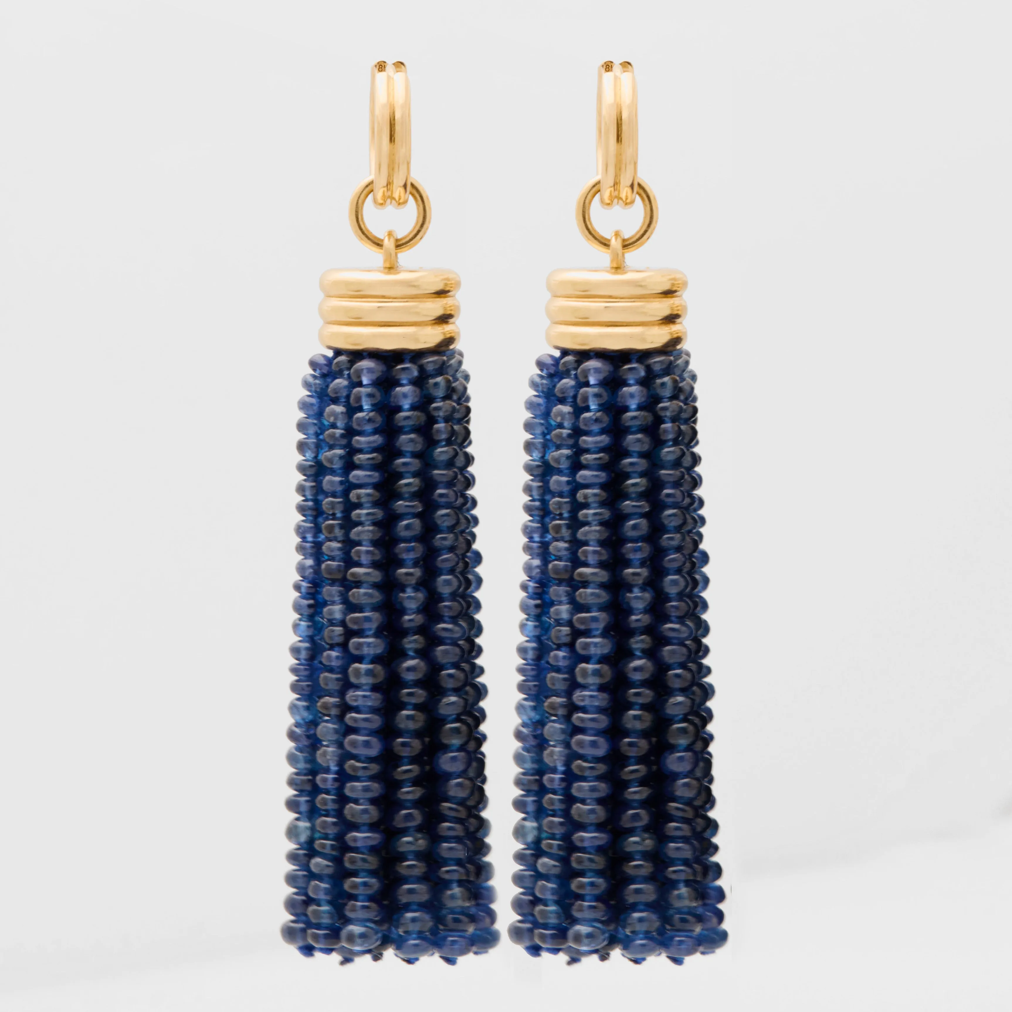 Triple Tassel Blue Sapphire Rondelles Earrings with Double Huggies, 18K Yellow Gold