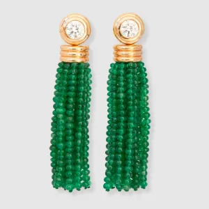 Triple Tassel Emerald Rondelles Earrings with Diamond Round Bezel Studs,1.00cts, 18K Yellow Gold