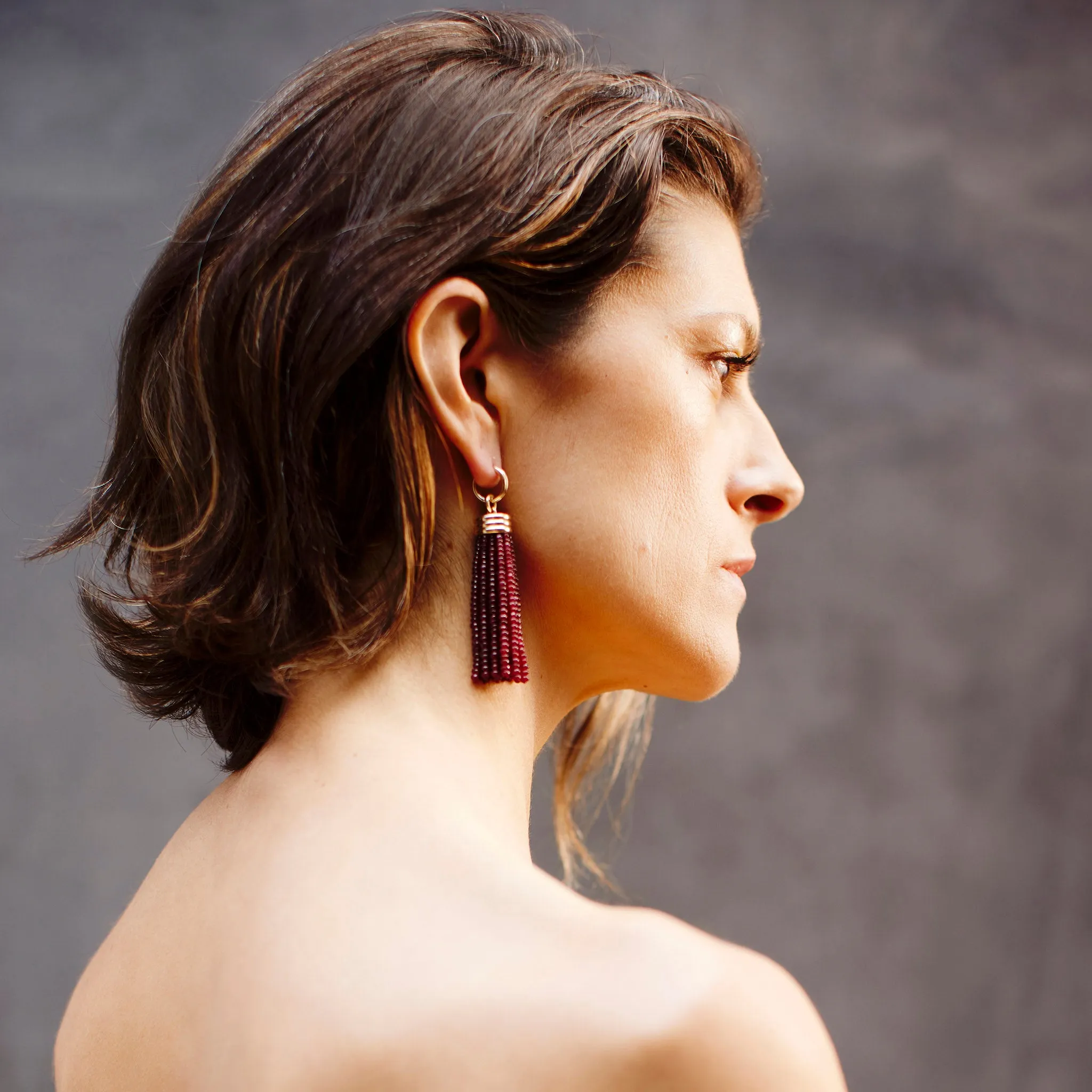 Triple Tassel Ruby Rondelles Earrings with Double Huggies, 18K Yellow Gold