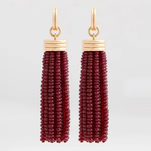 Triple Tassel Ruby Rondelles Earrings with Double Huggies, 18K Yellow Gold