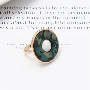 Turquoise & Dark Green Resin 18K Gold-Plated Openwork Round Ring