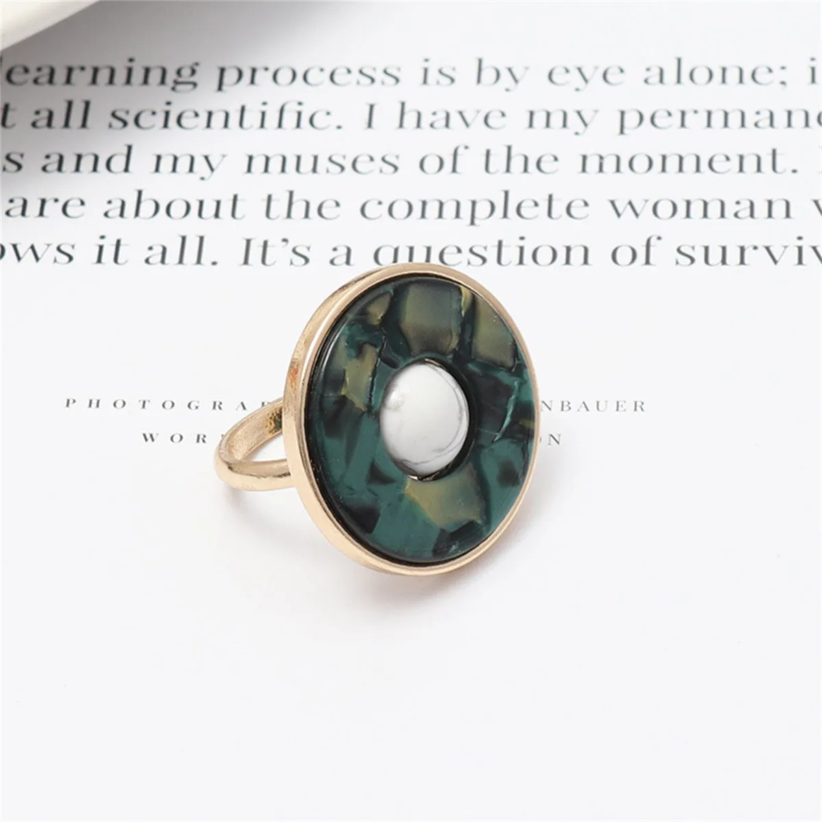 Turquoise & Dark Green Resin 18K Gold-Plated Openwork Round Ring
