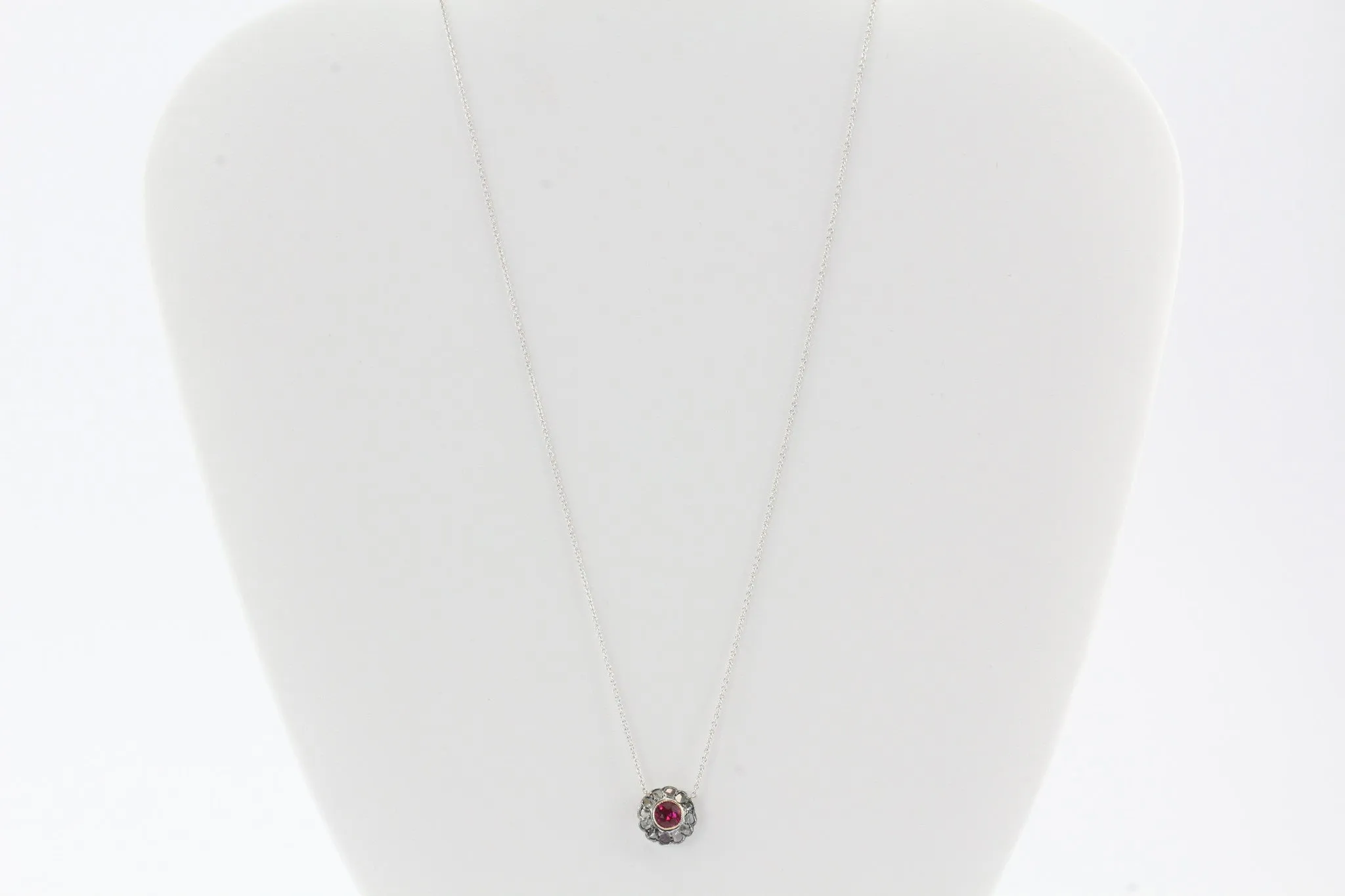 Victorian 14K Gold Ruby w/ Sterling Silver Set Rose Cut Diamond Pendant Necklace